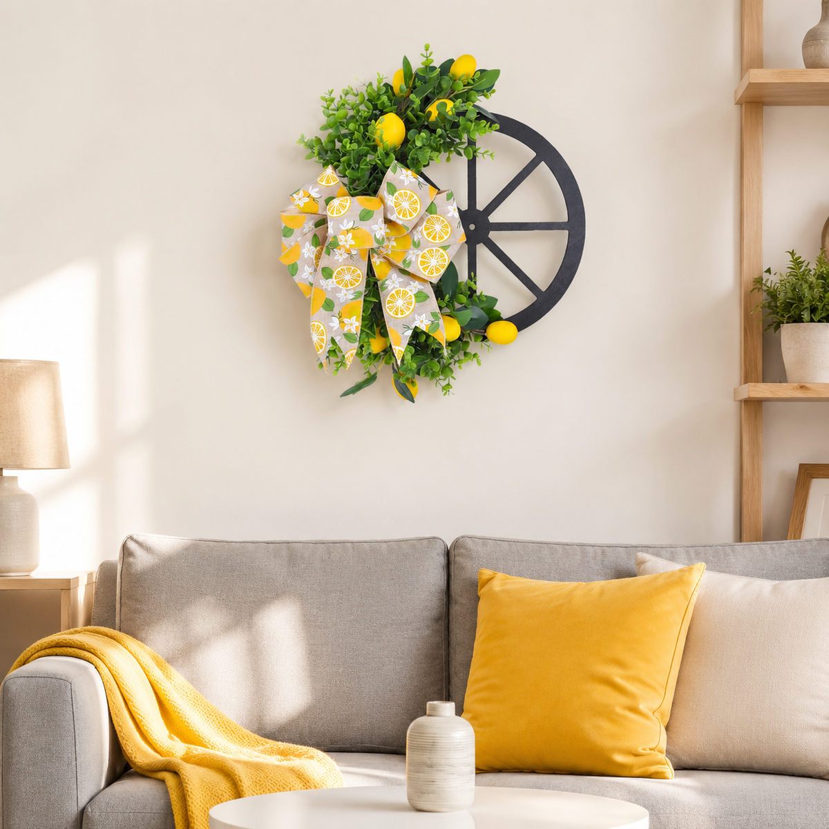 Spring Wreath 40cm Diameter, Artificial Lemon Wreath for Front Door, Country Style Door Decoration, Low-Maintenance Easter Wreath
