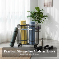 Space-Saving Exercise Mat Storage Rack Large Capacity Rolling Gym Storage Basket Long-Lasting Construction Home Gym Organizer on Wheels Breathable Design for Garage