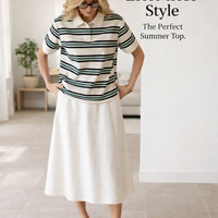 Striped Tennis Shirt for Women with Loose Fit Design, Short Sleeve Blend Top for Summer, Casual Stripy Pattern Tee, Relaxed Style