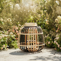Open-Cage Bamboo Lantern Natural Woven Lantern Ambient Candle Holder with Handle Rustic for Tabletop, Floor, Patio, Garden