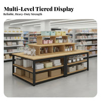 Island Display Shelf Thickened Panels Multi-Tier Display Rack Stable Steel Frame Retail Merchandise Rack for Retailers, Vendors, Supermarket, Boutique