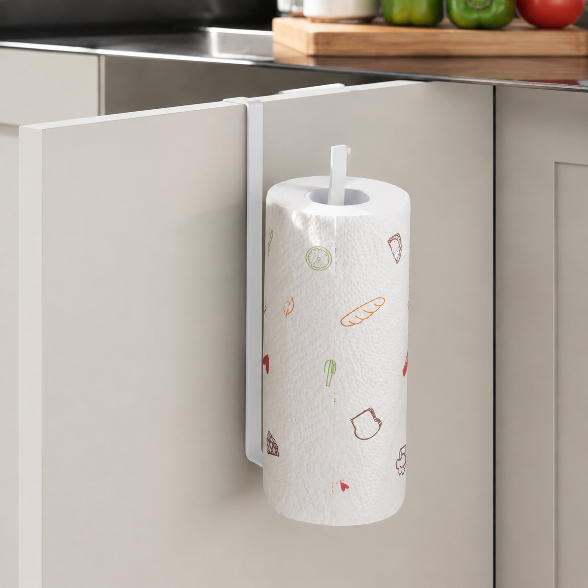 Pale Metal Kitchen Roll Holder, No-Drill Hook Kitchen Towel Holder, Under Cabinet Space Saving Paper Towel Dispenser