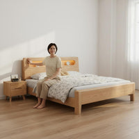 Minimalist Wooden Bed Frame Mortise and Tenon Joinery Solid Wood Bed with Storage Headboard for Guest Room