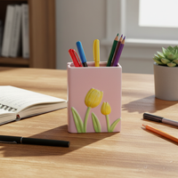 Tulip/Floral Ceramic Book Pen Holder & Makeup Brush Organizer for Desk Decor