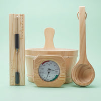 Sauna Accessories 4 Piece Set with Bucket and Ladle for Home Use, Fragrant Wood Timer and Thermometer Hygrometer, 4 Liter Capacity