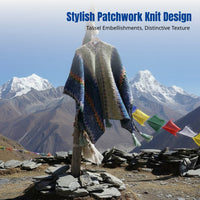 Ethnic Style Knitted Shawl Blanket, Women's Warm Patchwork Cape, Holiday Poncho, Decorative Wrap