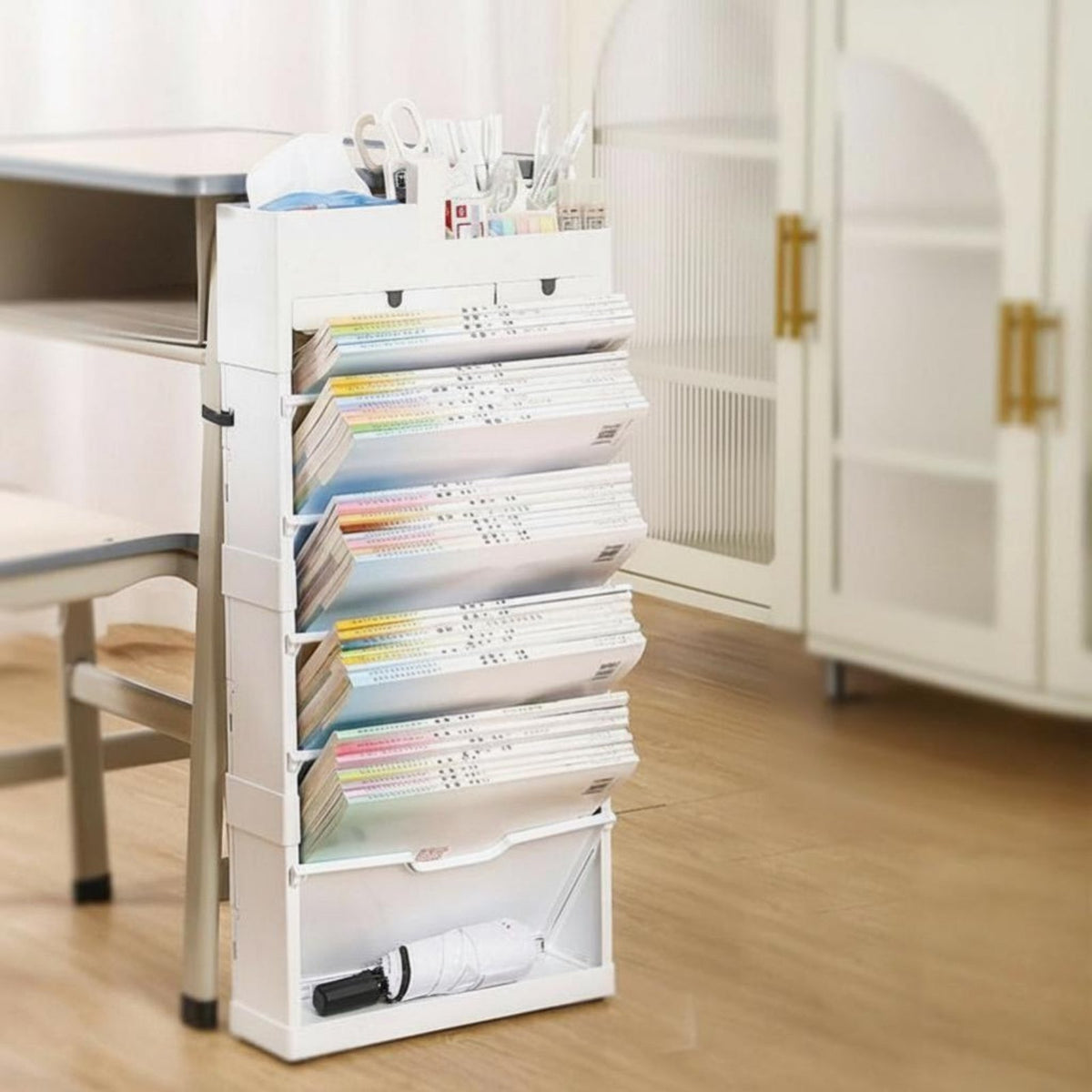 Foldable Rolling Desk-Side Book organizer With casters Multi-Compartment organizer Multifunctional book organizer Space Saving for Students, Teenagers, Office Workers, Classroom, Study Room, Bedroom, Nursery