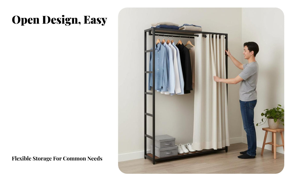 With Curtain Unrestricted Standing Closet System Large Capacity Accessible Wardrobe Space Saving Garment Rack Stable Structure for Renters, Homeowners, Students, Apartment, Dorm Room, Entryway