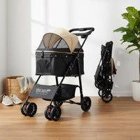 Foldable Folding Pet Stroller Breathable Mesh 4-Wheel Pet Jogger Long-Lasting PU Wheels Collapsible Pet Pushchair Large Space for Elderly Pets