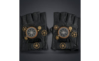 Gold-Tone Gear Details Steampunk Fingerless Gloves Compass Dial Black Leather Fingerless Gloves Textured Finish