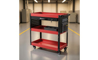 Stable Three-Tier Tool Cart with Drawer Customizable Mobile Service Cart with Pegboard Secure Rolling Workshop Organizer Vertical for DIY Enthusiasts, Repair Station