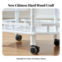 New Chinese Design Rolling Tea Cart Solid Wood Pillars 2-Tier Serving Trolley Multipurpose 2 Tier Serving Trolley Push Handle for Salon Professionals, Restaurant Employees, Party Hosts, Hotel, Dining Room, Kitchen, Parties