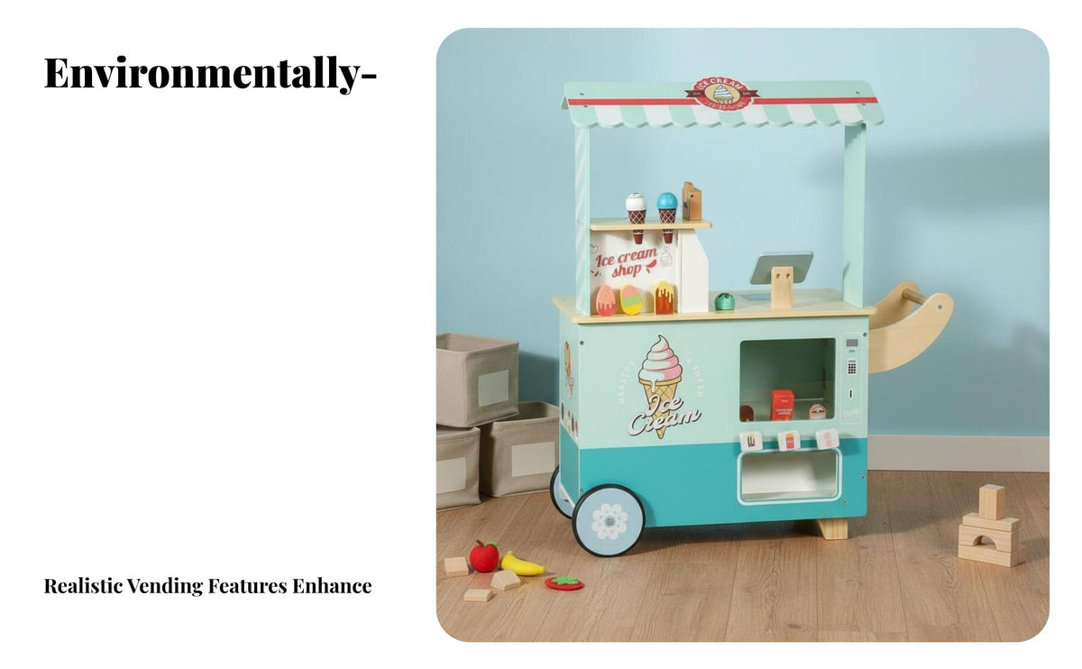 Portable with Wheels Wooden Ice Cream Cart Encourages Creativity Kids Ice Cream Stand Playset Develops Social Skills children's Dessert Shop Toy Educational for Preschoolers, Toddlers, Girls, Preschool, Kindergarten, Playroom, Daycare
