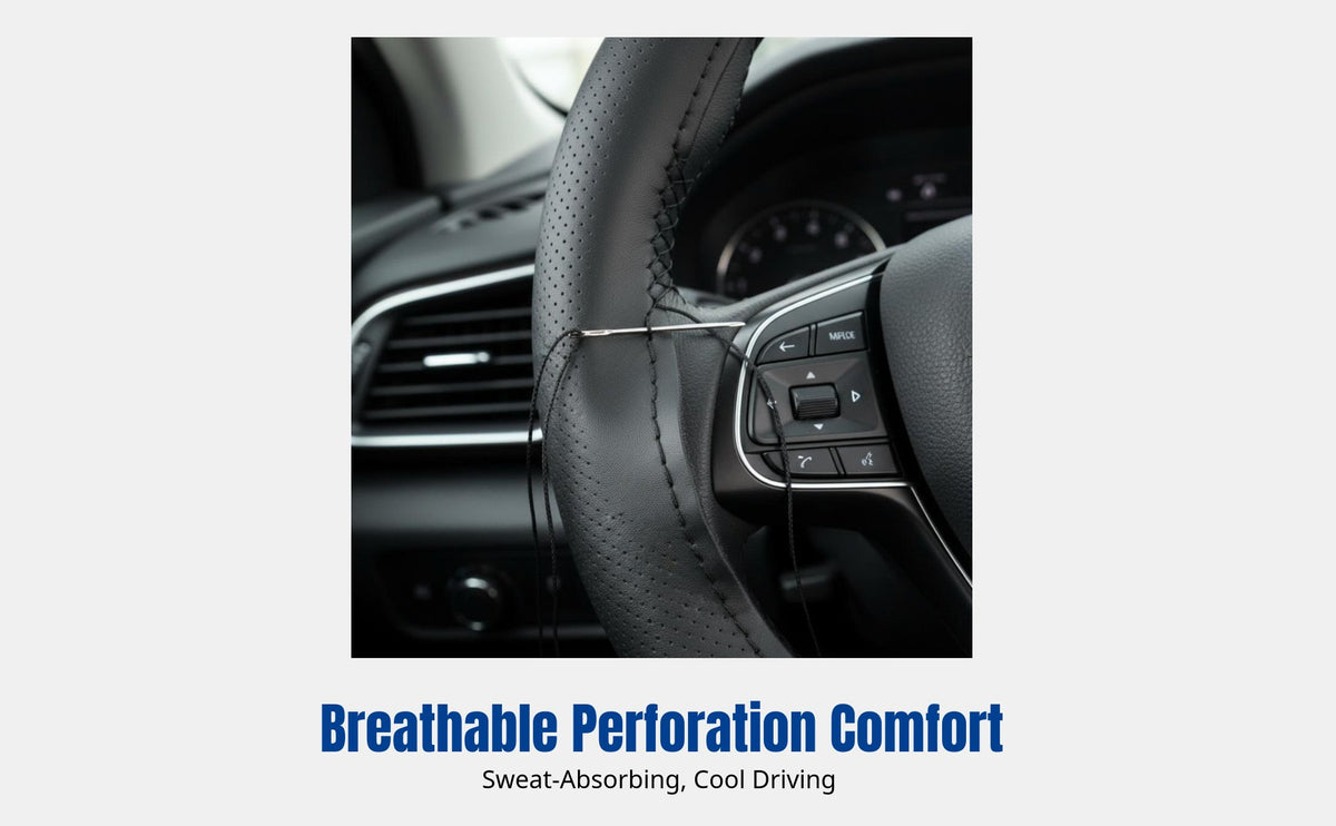 Hand-Stitched Leather Steering Wheel Cover, Breathable, Anti-Slip, Universal, All Seasons