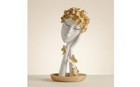 Floral Headdress Decorative Face Figurine Gold Finish Abstract Face Statue Resin Tray Base Sculpture Butterfly Accents