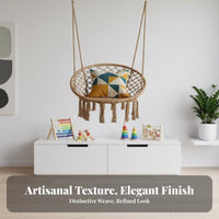 Anti-Tip Design Round Woven Hanging Chair Nordic Design Aesthetic Woven Rope Swing Chair Tassel Decoration Play Equipment Decorative Tassels for Children, Toddlers, Indoors, Indoor, Bedroom, Balcony