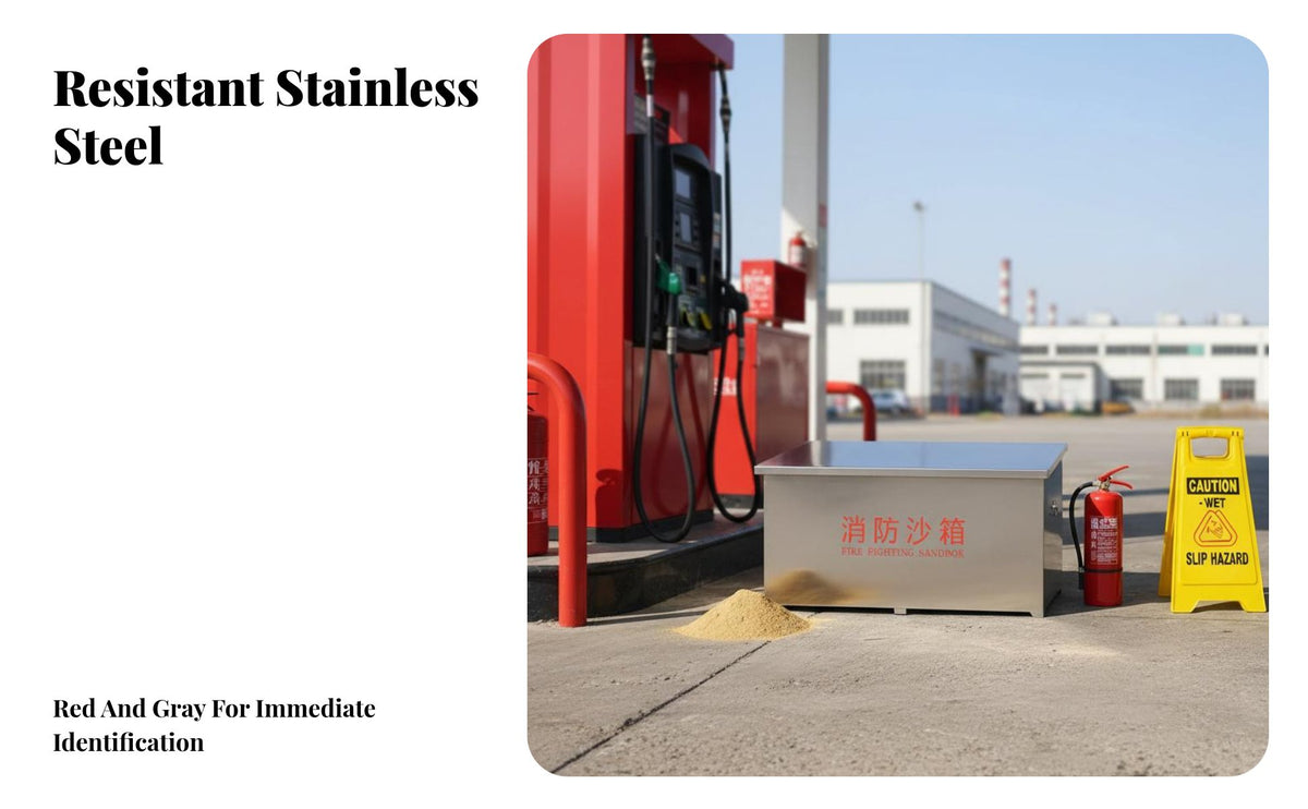 High Visibility Red Fire Sand Box Lidded Design Stainless Steel Fire Box Includes Shovel for Gas Station Personnel, Industrial Workers, Property Managers Plants, Factories, Warehouses, Construction Sites