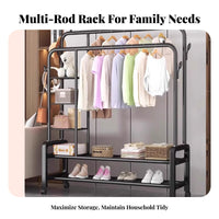 Easy Assembly Heavy Duty Garment Rack Large Capacity Freestanding Metal Garment Stand Multi-Purpose Double Rod Clothing Organizer Movable for Homeowners, Students, Renters, Balcony, Bedroom, Laundry Room, Entryway