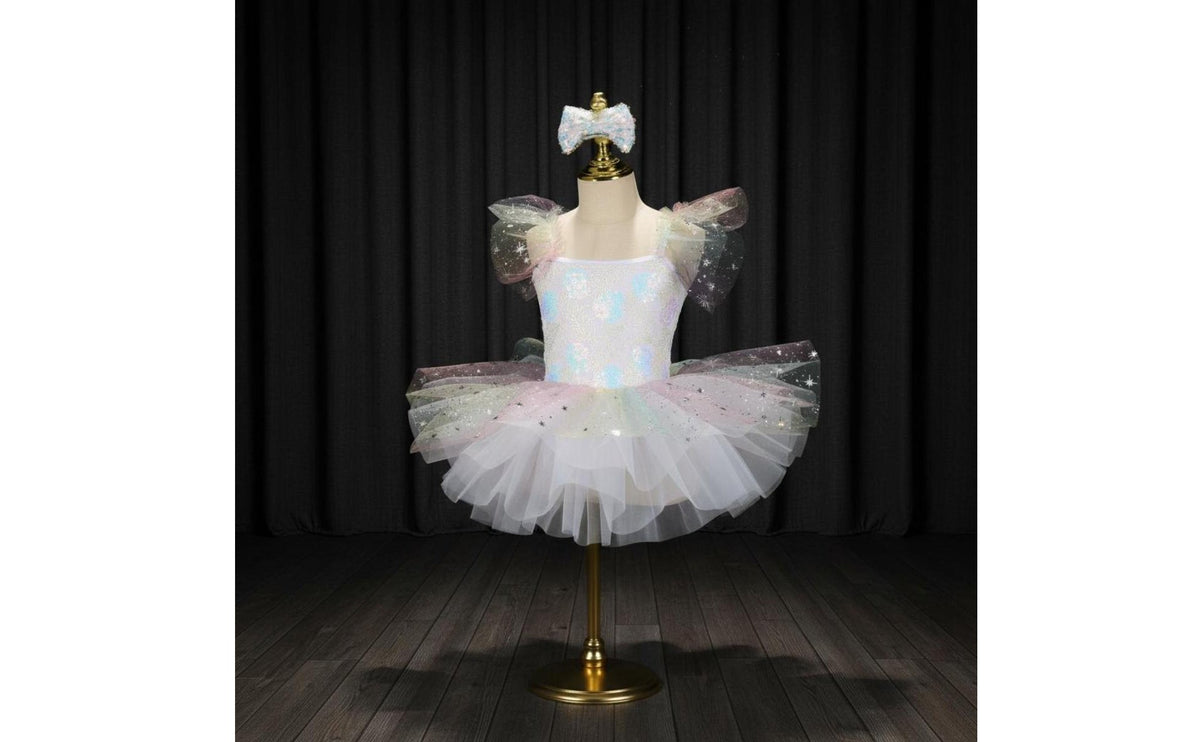 Girls Glitter Ballet Skirt Dress Sequins Ballet Skirt Dress Rainbow Tulle Princess Costume Ruffle Sleeves Glitter