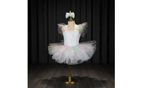 Girls Glitter Ballet Skirt Dress Sequins Ballet Skirt Dress Rainbow Tulle Princess Costume Ruffle Sleeves Glitter