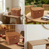 Structured Rectangular Wicker Storage Basket Bin Secure Latch Lidded Basket Organizing Decorative for Picnic