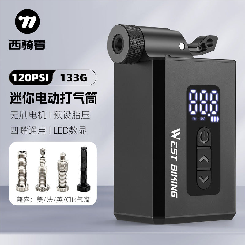 WEST BIKING Mini Electric Air Pump with Brushless Motor, 4 Nozzles, Aluminum Alloy