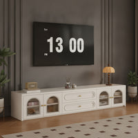 TV Cabinet Low-Profile TV Console with Glass Doors Wood-Grain Media Console with Glass Doors for Living Room, Small Apartment