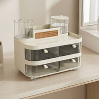Desktop Storage Box with Rattan Insert Multi-Compartment Vanity Organizer with Two Compartments Rectangular Divided Makeup Bin for Bedside Table