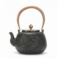 Cast Iron Teapot Floral Relief Stovetop Tea Kettle Copper-Colored Handle