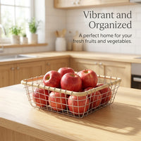 Kitchen Storage Wire Basket with Wicker Edge for Pantry Organizers and Black Metal for Fruits and Vegetables, Square Design