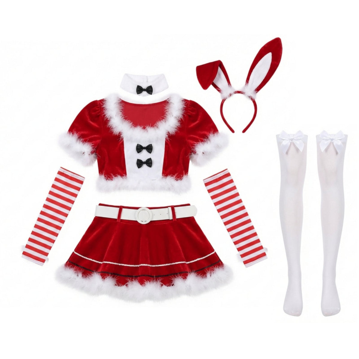 7 Pieces Christmas Bunny Girl Costume Faux Trim Red Bunny Cosplay Set