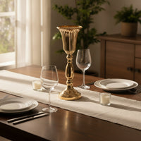 Trumpet Vase with Round Base Gold Pedestal Vessel Vase with Pedestal Base Vertically Ribbed Polished Lustrous
