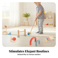 15 Pieces Wooden Mini Golf Set Sensory Training Indoor Outdoor Golf Play Set Curved Arch Obstacles Flag-Topped Targets
