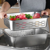 Stainless Steel Colander and Food Strainer, Rectangular Slotted Draining Basket, Sleek Kitchen Vegetable and Fruit Washing Basin