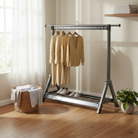 Easy Assembly Single Rod Clothing Rack with Shelf Heavy Duty Rolling Clothes Drying Rack Foldable Design Laundry Accessory Windproof Hanger Slots for Bedroom