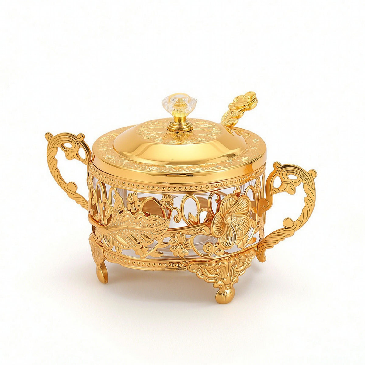 Ornate Condiment Jar with Spoon Gold-Tone Sugar Bowl with Lid Vintage Glass Condiment Pot with Metal Frame Elegant for Hosts