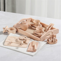 Toy Kitchen Set with Tray Wood Wooden Cooking Toy Set Realistic for Young Children, Preschool