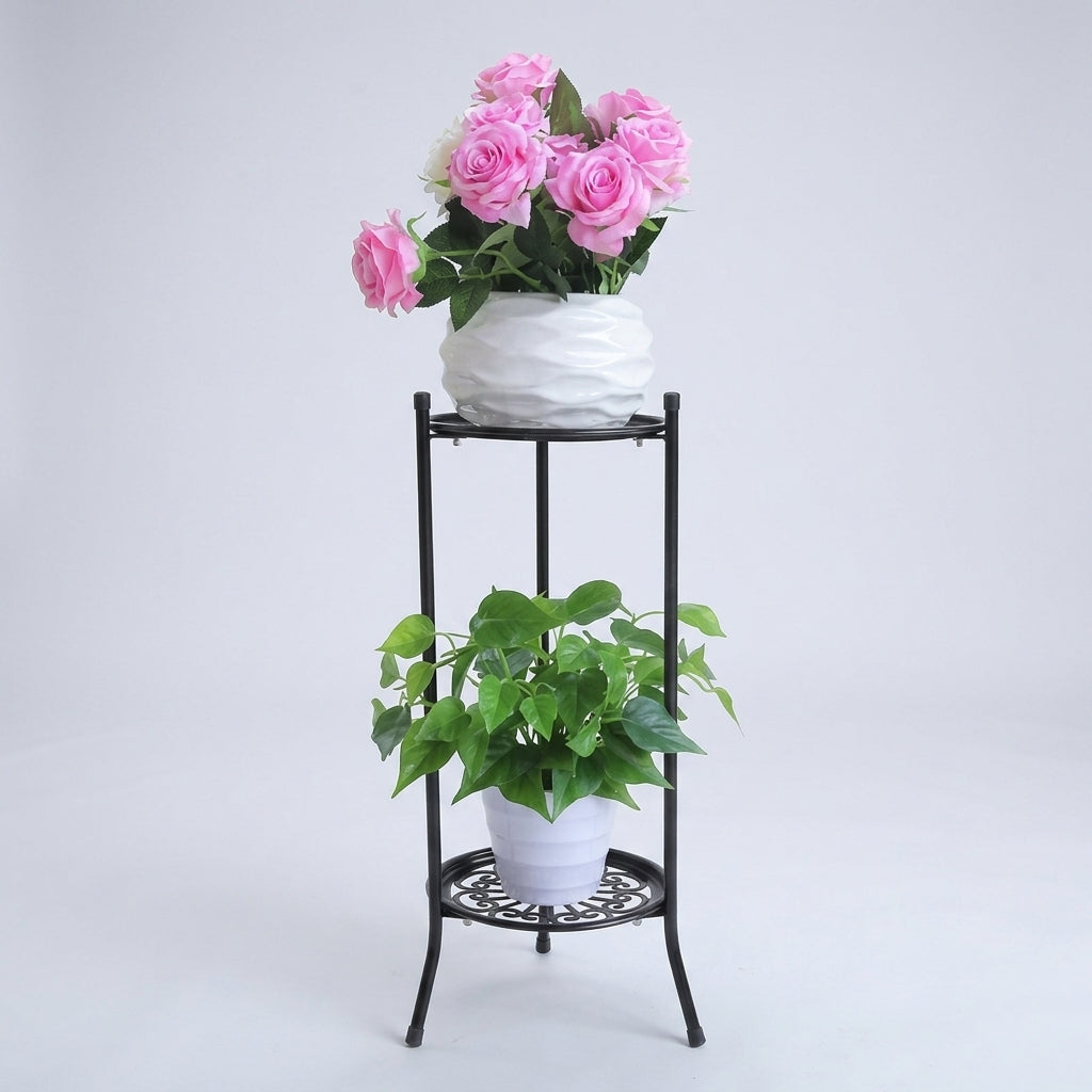 Corner Shelf and Plant Stand for Home Decor, 2 Tier Metal Plant Stands Indoor Display Stand, Tall Plant Pot Holder, Black Small Pot Stand 1 Pack
