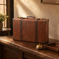 Vintage Leather Suitcase Rivet Details Hard-Sided Leather Suitcase Top Handle