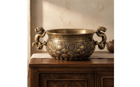 Brass Fortune Bowl Greek Key Border Mythical Lion Handle Bowl Wave Pattern