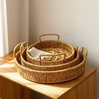 3 Pieces Imitation Rattan Trays Versatile Woven Trays with Handles Rustic Woven Tray for Tea Table