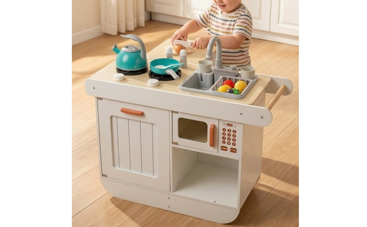 Compact Wooden Play Kitchen with Accessories Sturdy Toy Kitchen Set with Play Food Realistic Pretend Cooking Unit with Sink Educational for Playroom