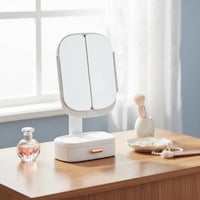 Foldable Design Lighted Makeup Mirror 360° Rotation Tri-Fold Vanity Mirror Dimmable Brightness Beauty Tool Press Control for Bedroom