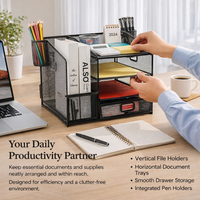 4 Tier Desk Storage with Drawer, Metal Mesh File Organizer for Students, Stackable Desktop Paper Filing Rack for Office Supplies