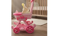 Textile Canopy Pink Doll Stroller Push Handle Pink Toy Stroller Front Tray Storage Platform for Children