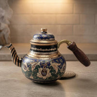 Handmade Copper Turkish Teapot Floral Scroll Design Decorative Copper Tea Pot Metallic-Finish Trim Turkish Style Teapot Wood-Textured Grip