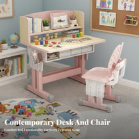 Adjustable Kids Study Desk Set Built-in Book Holder Ergonomic children's Writing Table and Chair Bookstand Included Height Adjustable School Desk Set