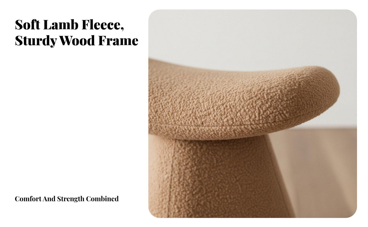 Nordic Design Sherpa Saddle Pouf Solid Wood Frame Upholstered Stool Multi-Functional Indoor Furniture High-Density Foam Cushion for Apartment Dwellers, Homeowners, Students, Bedroom, Entryway, Dressing Room, Hotel