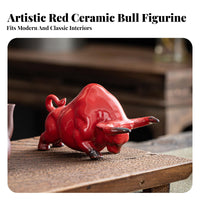 Fiery Ox Figurine Glossy Glaze Ceramic Bull Statue Handmade Craft Ceramic Ox Statue for Business Owners, Gift Donors, Living Room, Bookshelf, Entryway