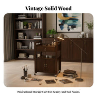 Wooden Cosmetic Trolley Vintage Design 3-Tier Salon Cart with Cabinet Dense Wood Utility Trolley Multi-Functional for Home